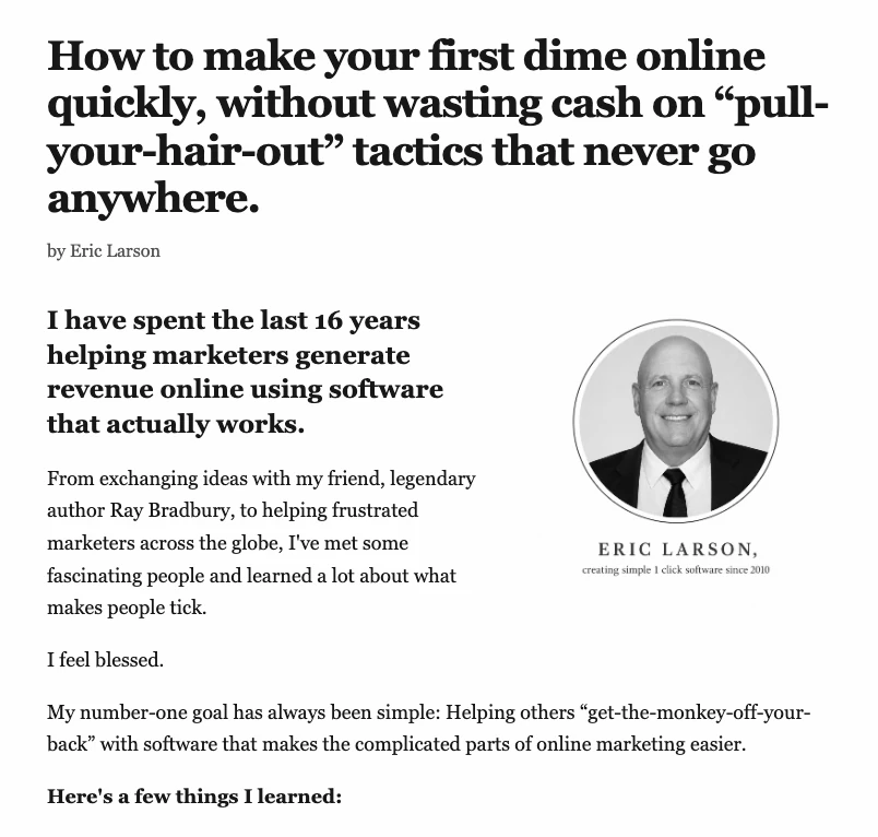 How to make your first dime online quickly — Eric Larson's marketing philosophy letter from the Magic Push Button era